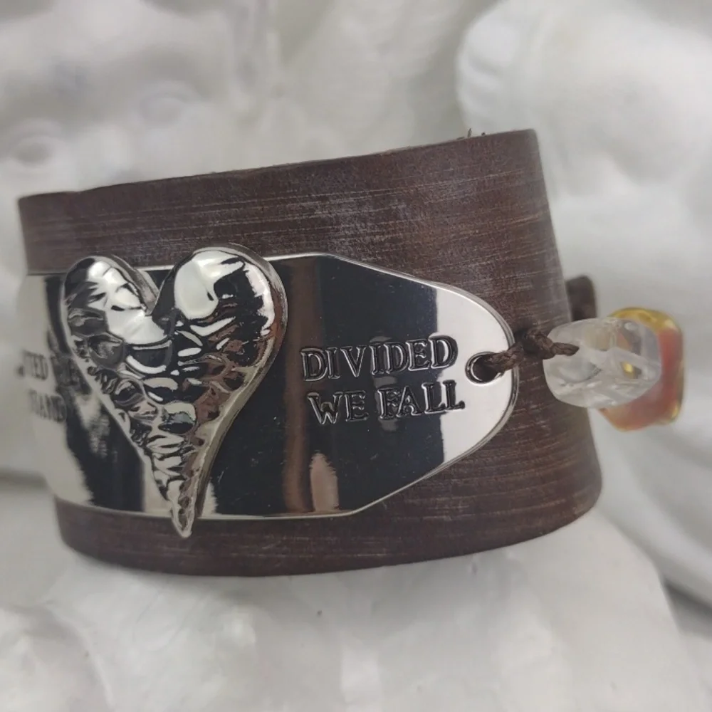 Leather Cuff Bracelet W/Crafted Hammered Silver Heart 